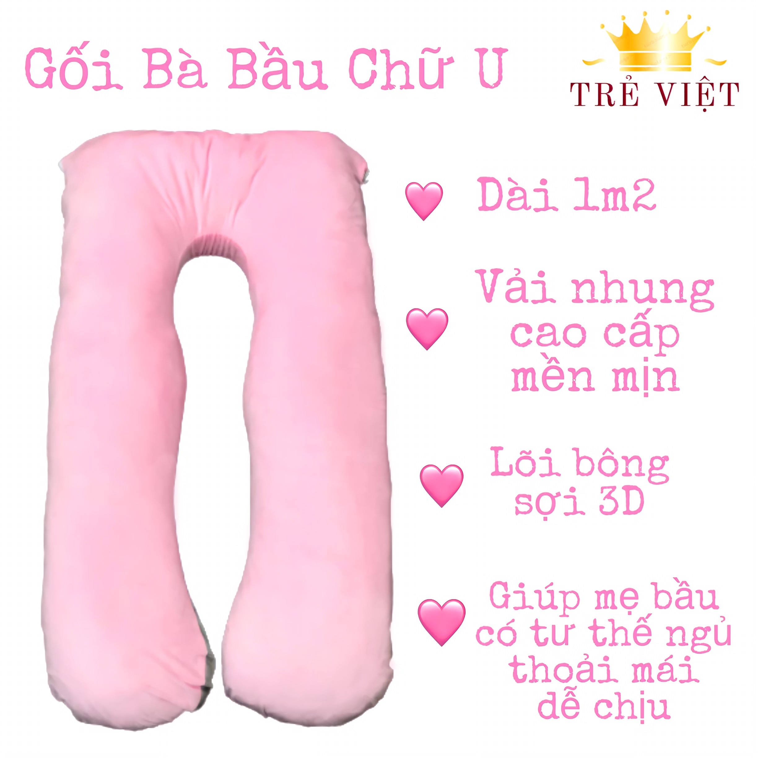 Gối ôm bà bầu TRẺ VIỆT, gối chữ U vải nhung cao cấp, lõi bông căng phồng êm ái, hỗ trợ nâng đỡ cơ thể, tránh tình trạng đau lưng ở mẹ bầu