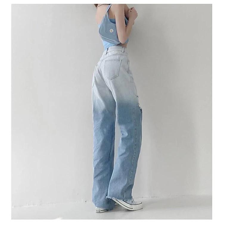 Quần jean baggy nữ loang màu in chữ cạp cao phong cách ulzzang - Quần bò baggy lưng cao loang màu rách gối in chữ
