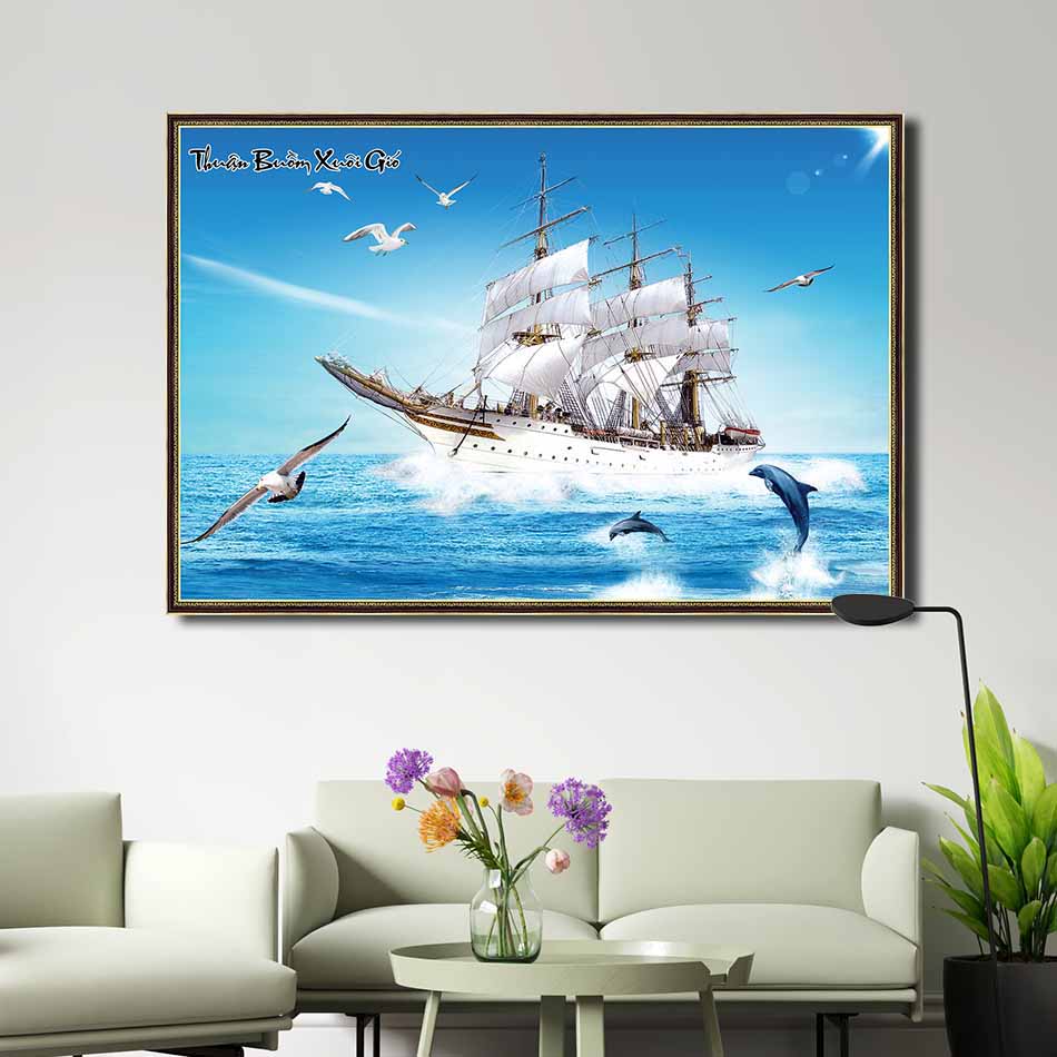 Tranh canvas phong thủy treo tường - Thuận buồm xuôi gió - TBXG008 - Khung hoa văn viền mỏng - 120x80cm