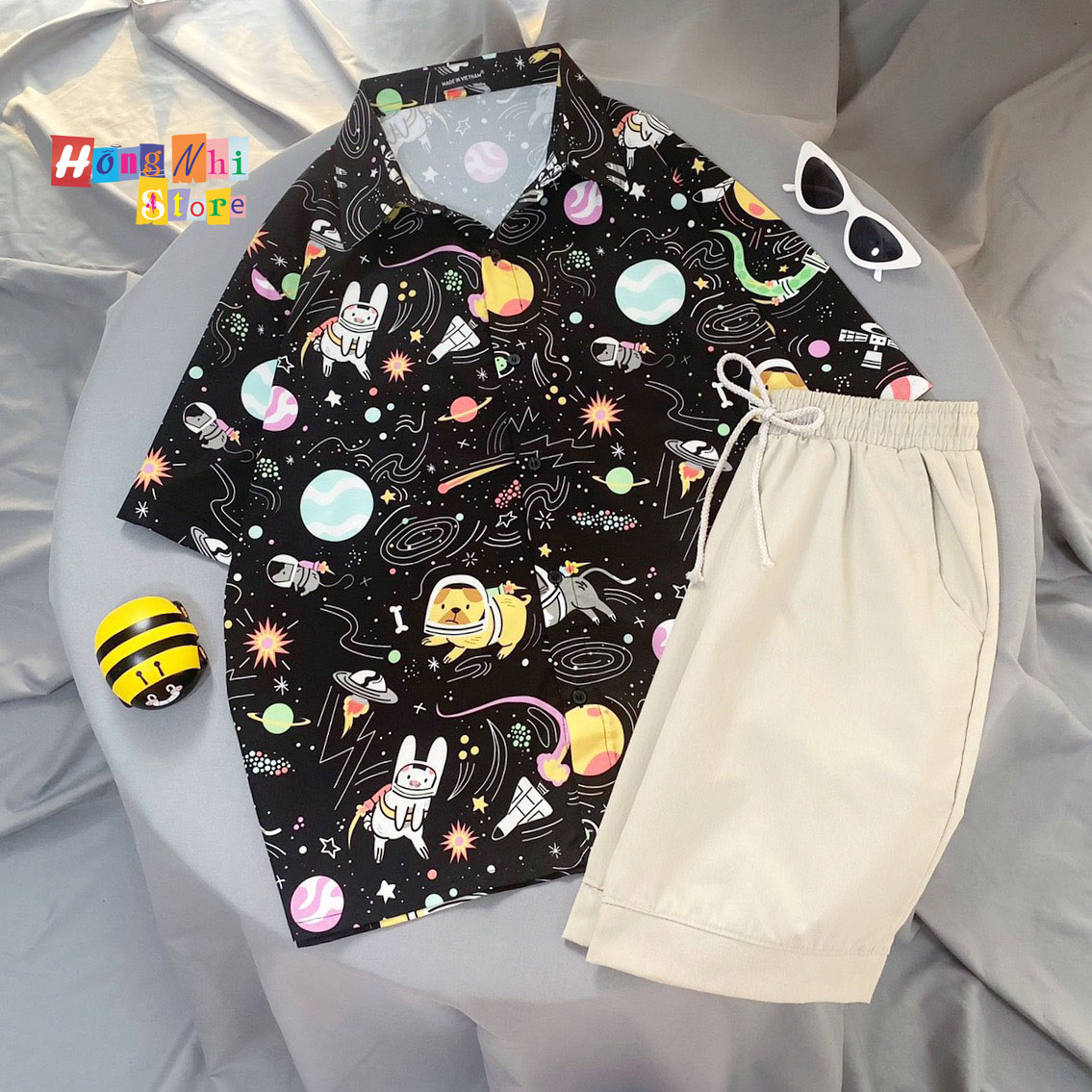 Áo Sơ Mi Hoạ Tiết Tay Lỡ Dáng Rộng, Sơ Mi Tay Lửng Unisex - MM