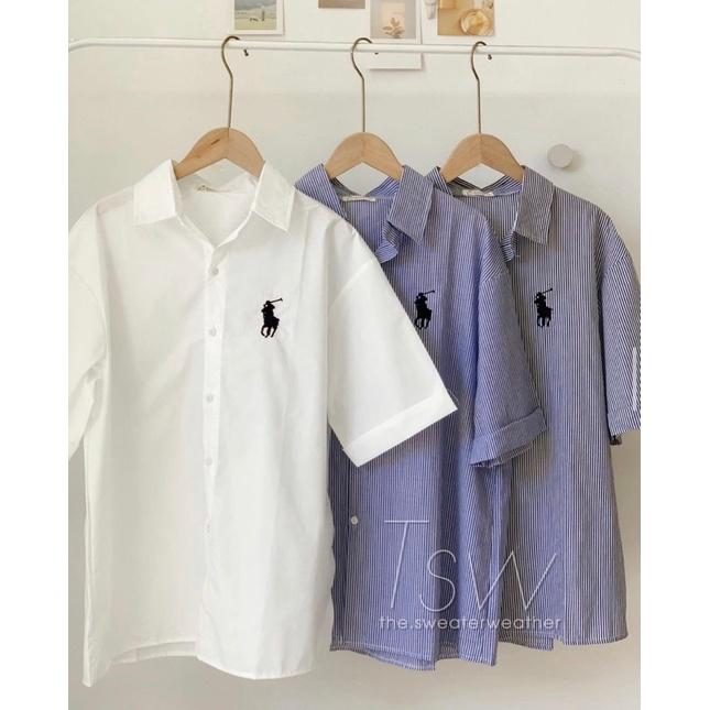 Áo sơmi kẻ sọc thêu logo xinh xắn