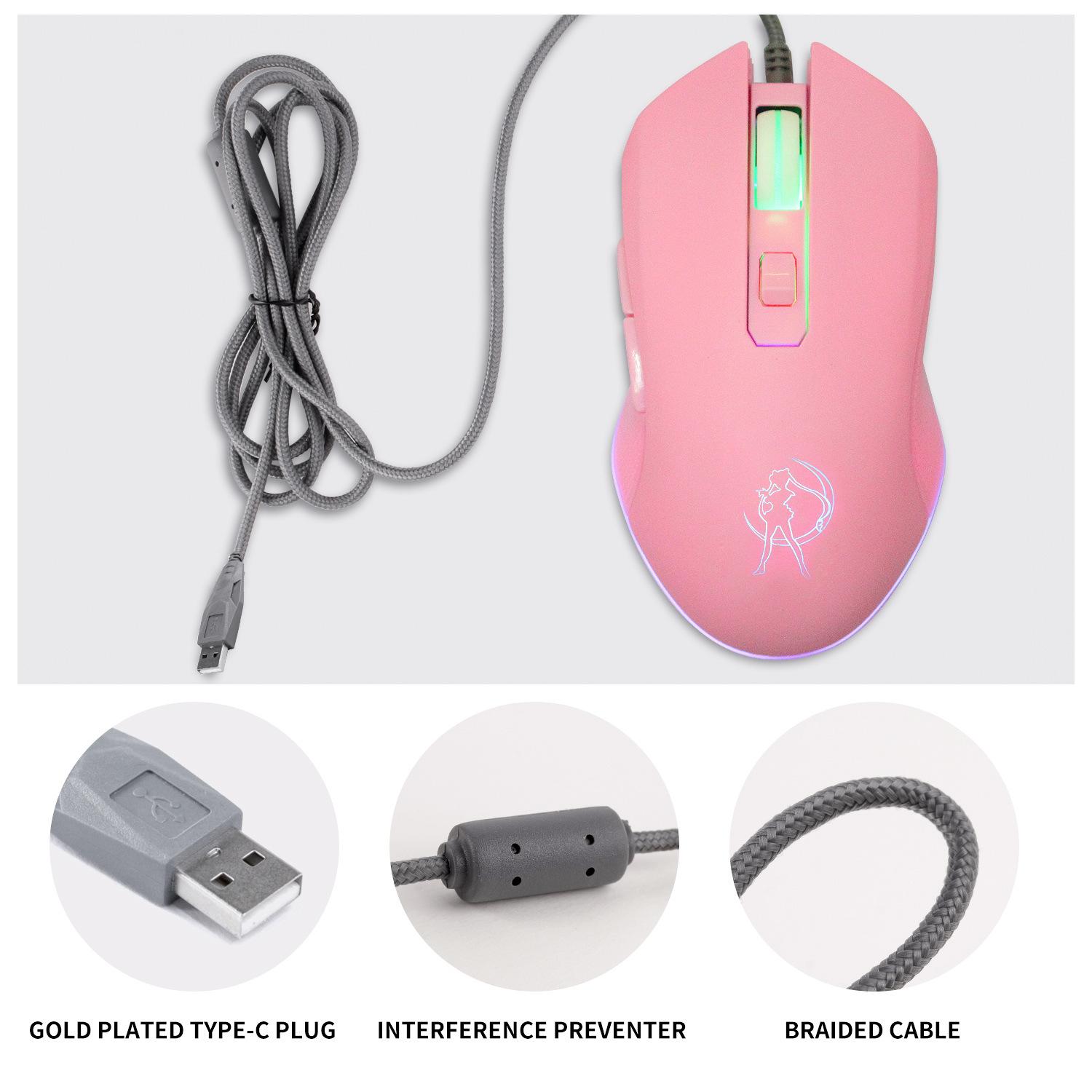 Hồng Chuột Máy Tính Nhiều Màu Sắc Backlit Chuột Quang Có Dây Thời Trang Thủy Thủ Mặt Trăng Chuột Cô Gái Nữ Silent Chuột 2400DPI