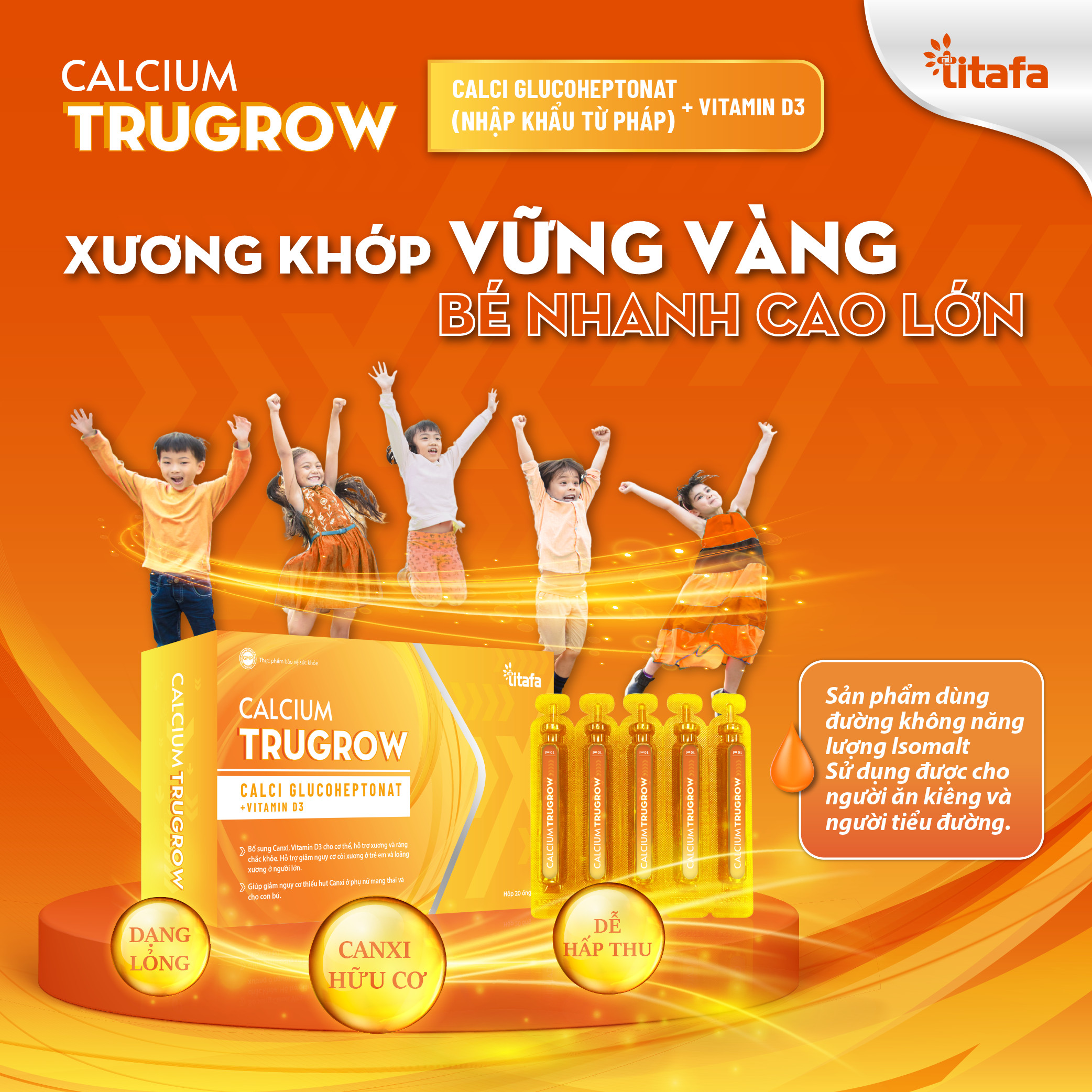 SIRO CALCIUM TRUGROW  [Chính hãng TITAFA] - HỘP 20 ỐNG- Bổ sung canxi, Vitamin D hỗ trợ xương khớp chắc khỏe, giúp phát triển chiều cao và giảm nguy cơ còi xương ở trẻ