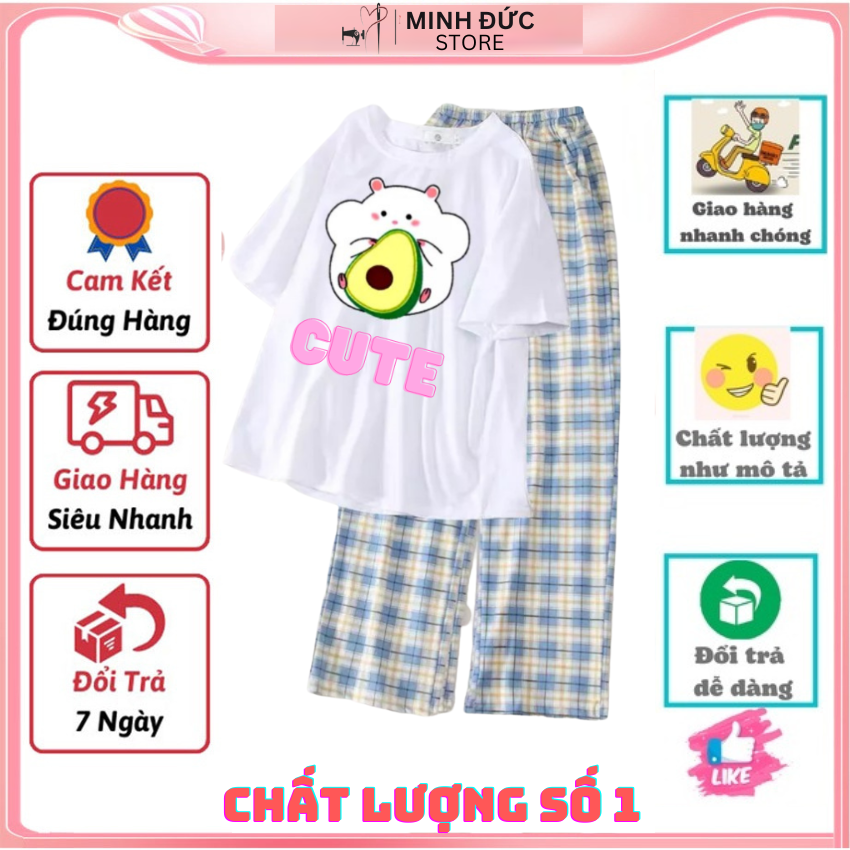 Sét Bộ Nữ, SS07 Sét Đồ Nữ Đi Chơi Đẹp In Hình Sóc Ăn Hạt Dễ Thương,Sét Áo Vải Cotton, Và Quần Kẻ Cá Tính