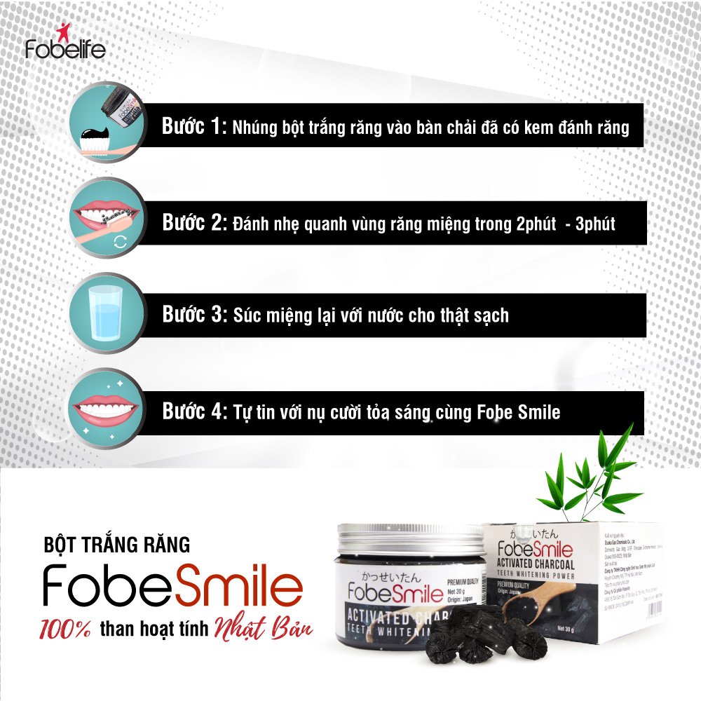 Bột Than Hoạt Tính Trắng Răng Sạch Mãng Bám Fobe Smile - Hũ 30 gram