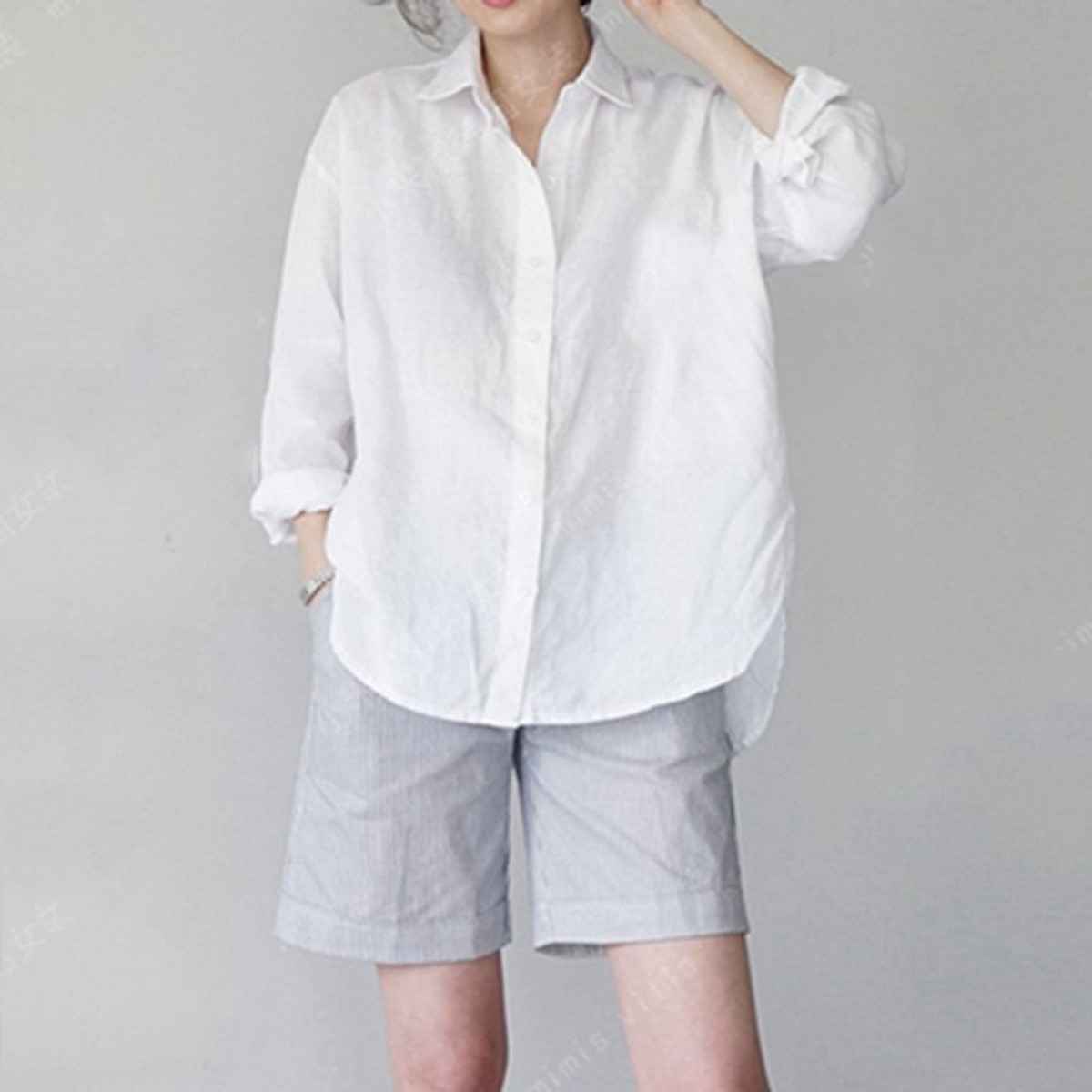 Áo sơ mi nữ Linen Premium form rộng trễ vai đuôi tôm trẻ trung