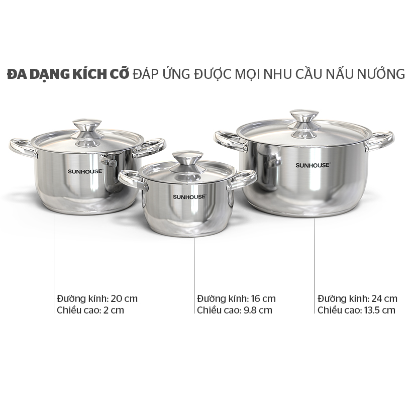 Bộ nồi inox 3 đáy SUNHOUSE