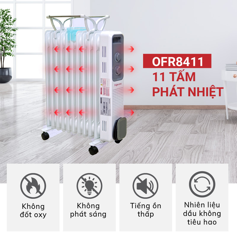 Máy sưởi dầu không khô da Nhật Bản nhập khẩu FUJIHOME OH8411 11 thanh , máy sưởi ấm điện không đốt oxi, tự động ngắt mini - Hàng chính hãng