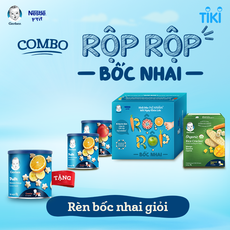 Rộp rộp bốc nhai - Combo 3 - 2 Bánh ăn dặm Gerber Vị  Dâu Táo/ Vị Chuối Cam + 1 Bánh gạo ăn dặm hữu cơ Gerber Organic Vị Chuối Xoài Cà Rốt + Tặng 1 lon Gerber puff