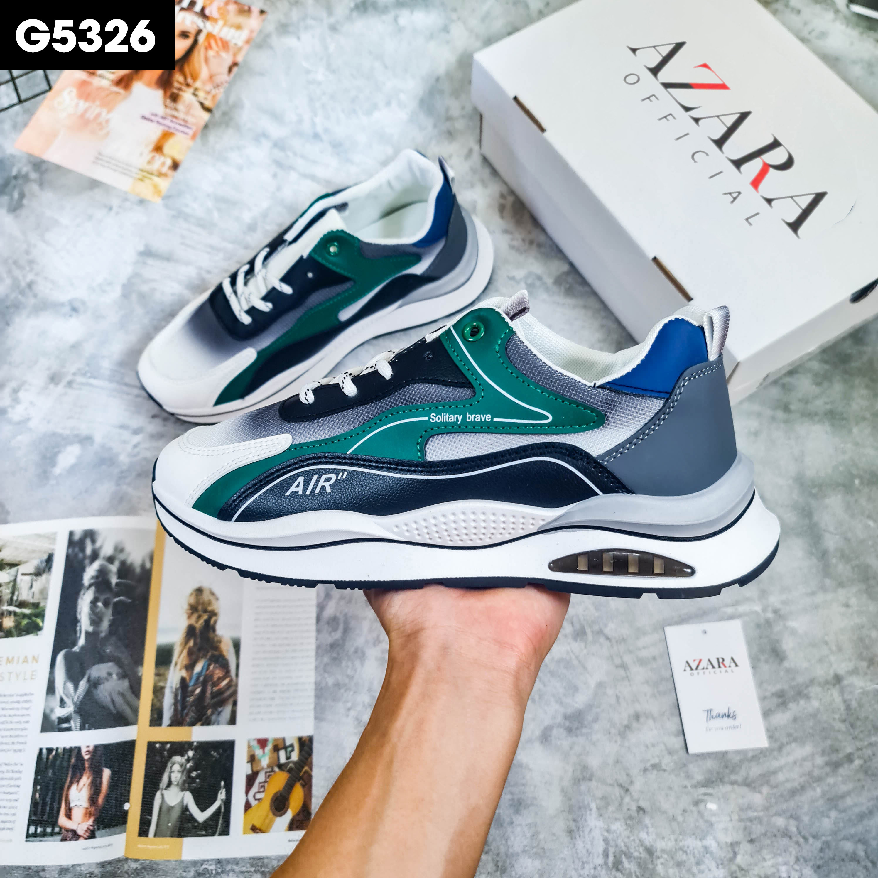 Giày Thể Thao Nam AZARA- Sneaker Xám - Xanh Lá - Màu Xanh Lam, Đế Giày Chạy Bộ Chống Sốc, Kiểu Dáng Sporty - G5331