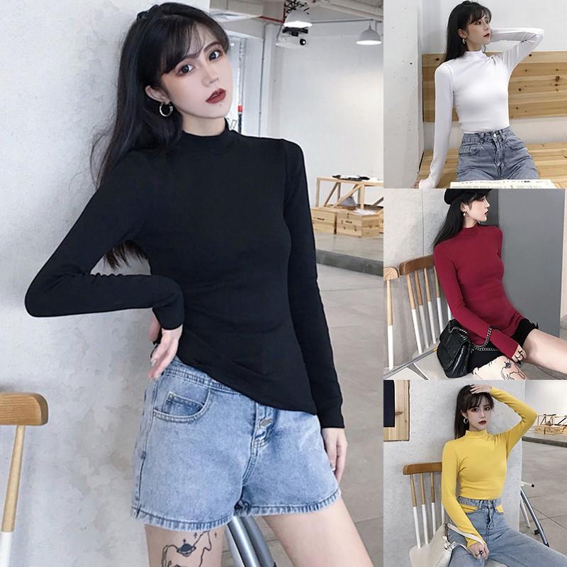 Áo thun dài tay cổ lọ màu trơn đơn giản phong cách Hàn Quốc