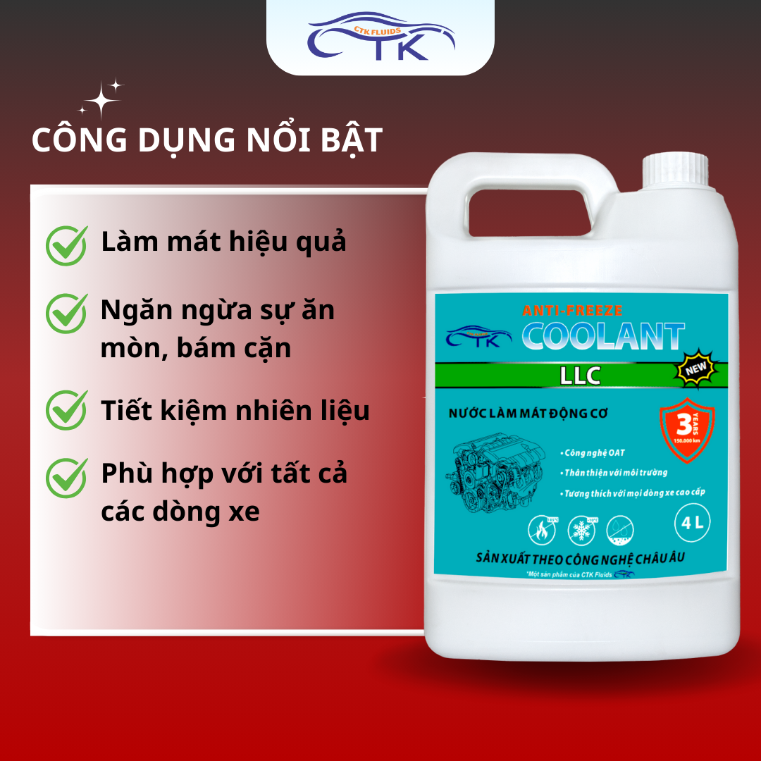 Nước làm mát động cơ màu Xanh LLC Coolant CTK Chính Hãng, Khuyến Nghị Dùng Cho Cả Xe Điện, Dung tích 1L hoặc 4L, Bảo Vệ Động Cơ Lâu Dài