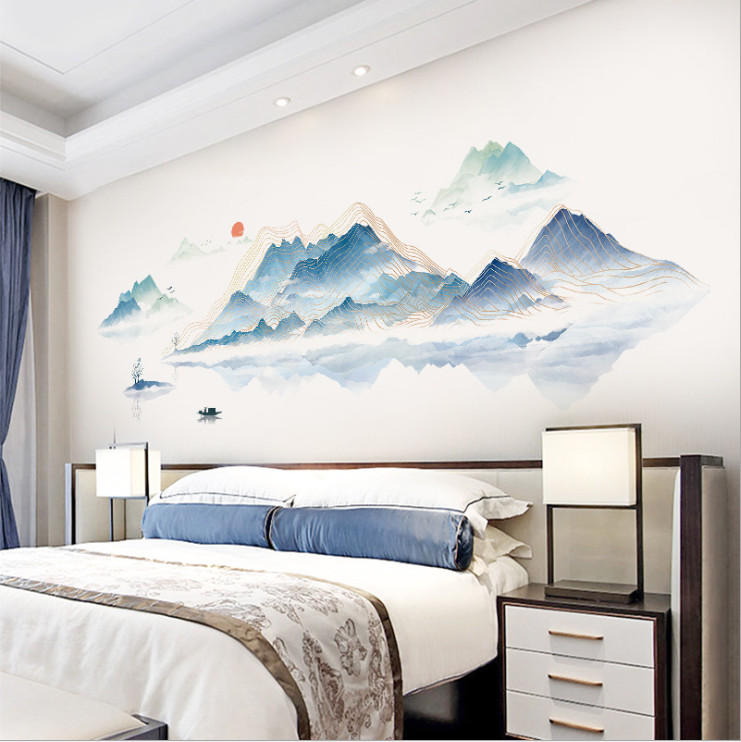 Decal dán tường tranh thủy mặc Sông núi bao la size lớn DKN149