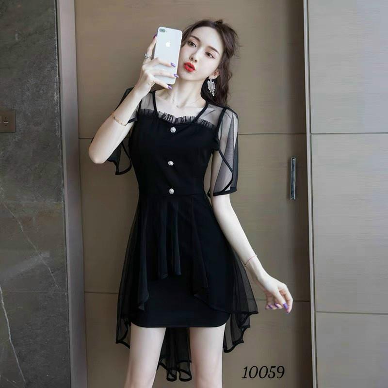 () Đầm dự tiệc đính hàng nút phối ren cực sang chảnh quyến rũ