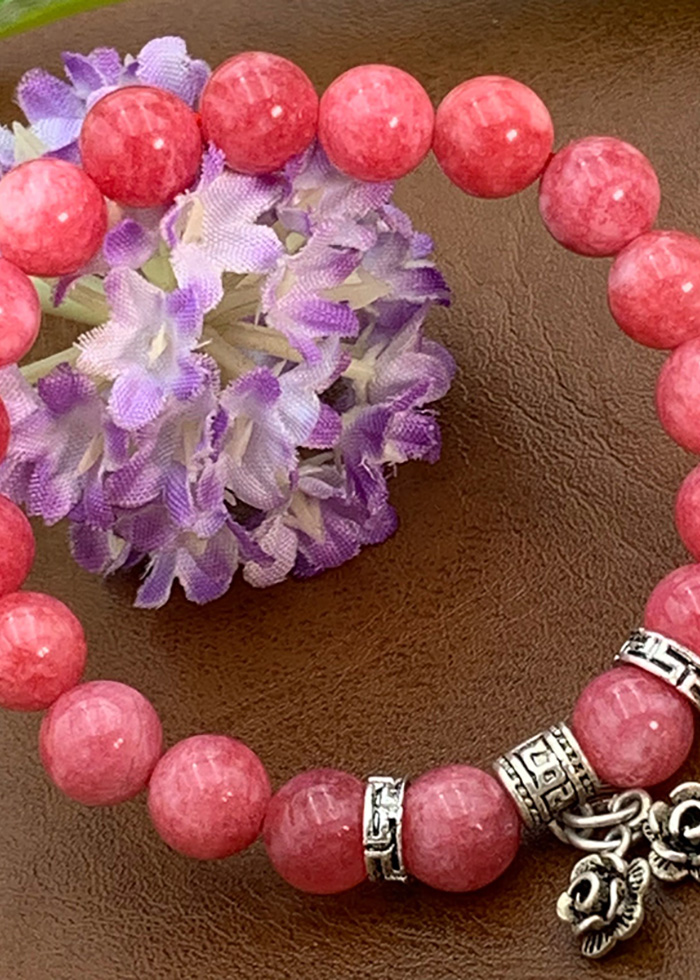 Vòng Đá Thạch Anh Hồng Vân 8 Ly Charm Hoa Bạc Thái
