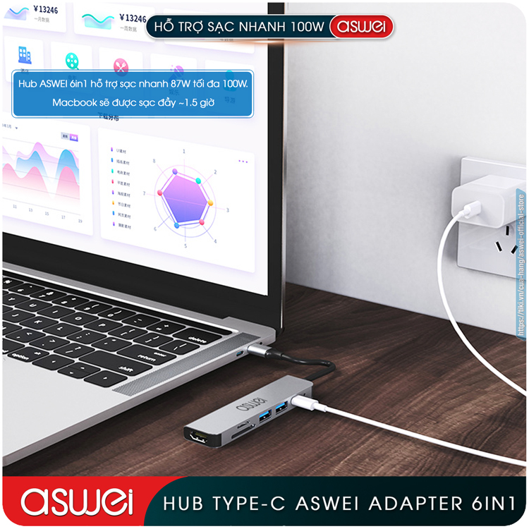 Hub Type C ASWEI 6 in 1 To HDMI, USB 3.0, SD, TF, PD - Hub Chuyển Đổi USB Type C 6 Cổng - Cổng Chia USB, Ổ Chia USB Tốc Độ Cao Dành Cho MacBook, Tivi, Laptop, PC, Máy Tính Bảng, Smartphone – Hàng Chính Hãng