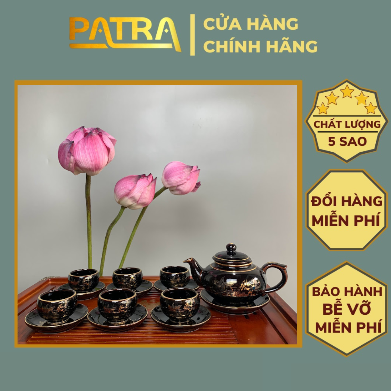 Bộ ấm chén uống trà cao cấp , bộ ấm trà Bát Tràng - vinh hoa phú quý men đen bóng