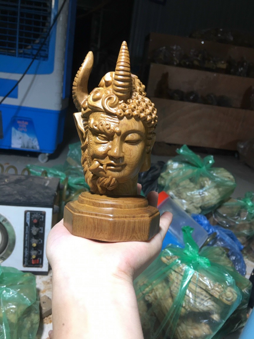 Đầu diên phật thiện ác bằng gỗ bách xanh kt cao 15×8cm