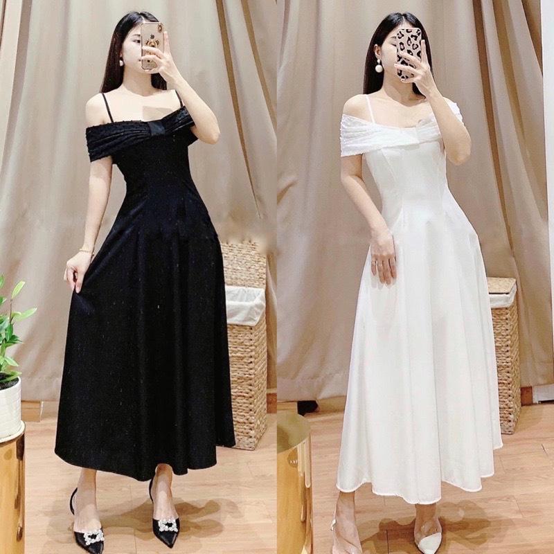 Đầm xòe trễ vai phối voan bi