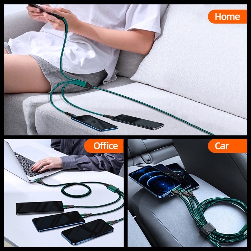 Dây cáp sạc 3 đầu , dài 1m2 , tích hợp 3 cổng sạc - 3 trong 1 tiện lợi , sạc được nhiều máy , chất liệu vải dù chắc chắn , chống đứt gãy ,chống gập ,giúp tiết kiệm thời gian và chi phí