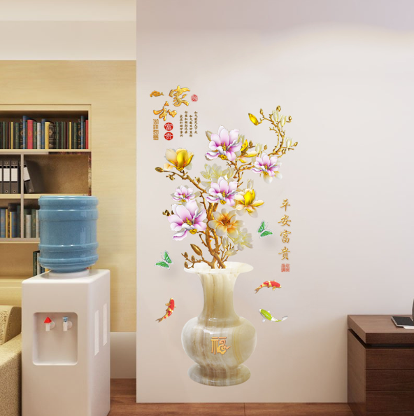 Decal trang trí tường - Bình Hoa Sứ hoa Mai Tím Vàng khoe sắc