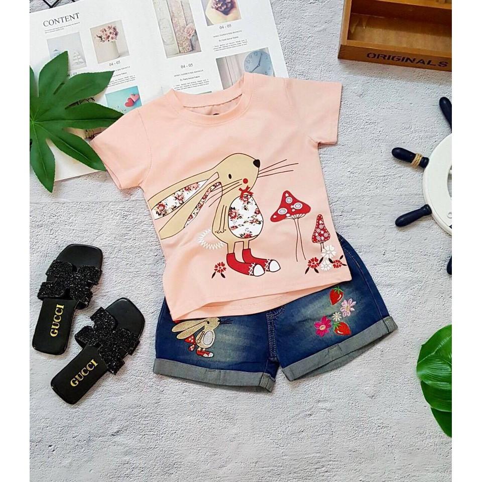 SIZE NHỎ _SÉT ÁO THUN CON THỎ PHỐI QUẦN SHORT JEAN