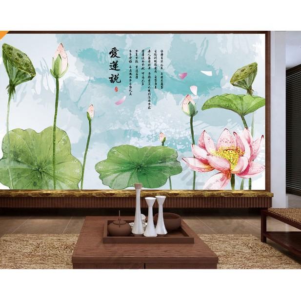 Cánh đồng hoa sen tranh thư pháp,Tranh 3d dán tường hiện đại trang trí phòng khách phòng ngủ MS1124845
