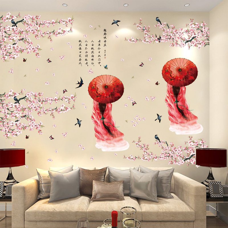 Decal dán tường hoa đào cô gái cổ trang