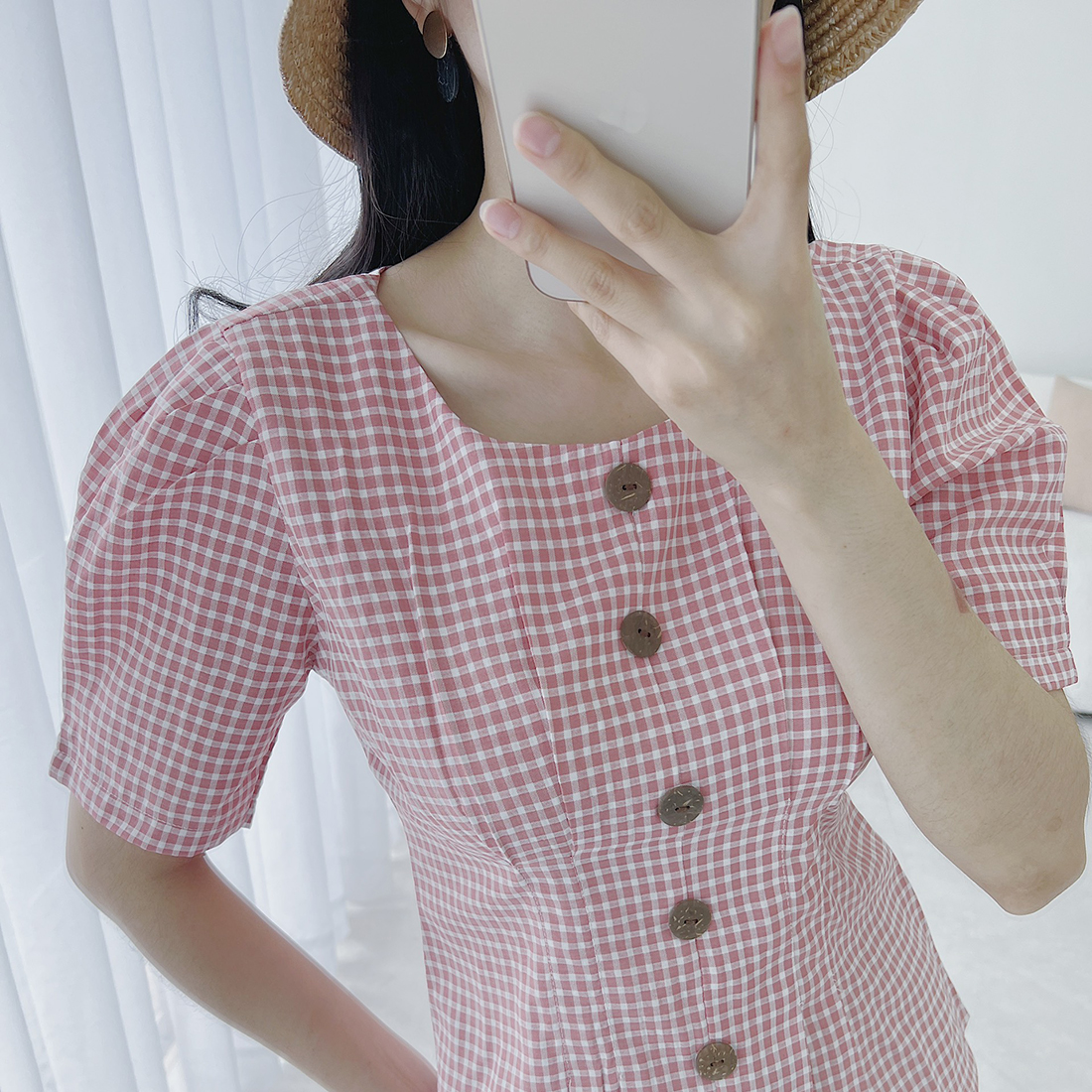 Áo kiểu nữ công sở thời trang Eden thiết kế cổ tròn xếp li eo chất liệu caro xốp Hàn Quốc không nhăn - ASM176
