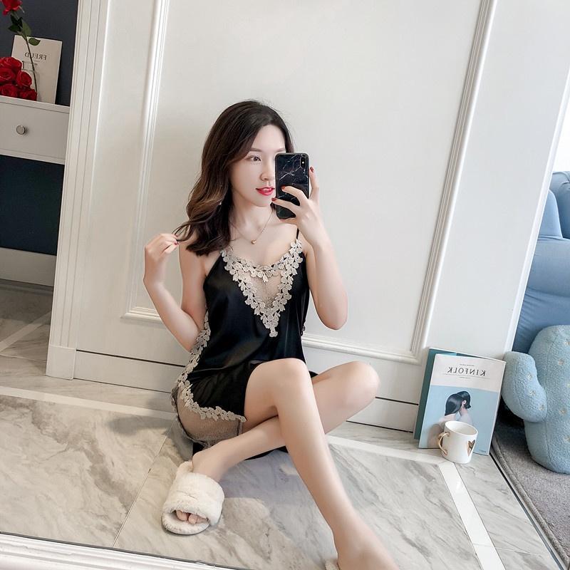 - Đầm ngủ 2 dây lụa phối ren ngực họa tiết trái tim dễ thương váy ngủ sexy xẻ tà đùi gợi cảm BIKI HOUSE N151