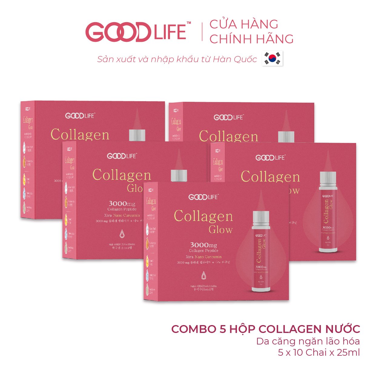 Combo 5 hộp nước uống GOODLIFE COLLAGEN GLOW 3000mg -kết hợp độc đáo Nano Curcumin  và Vitamin C