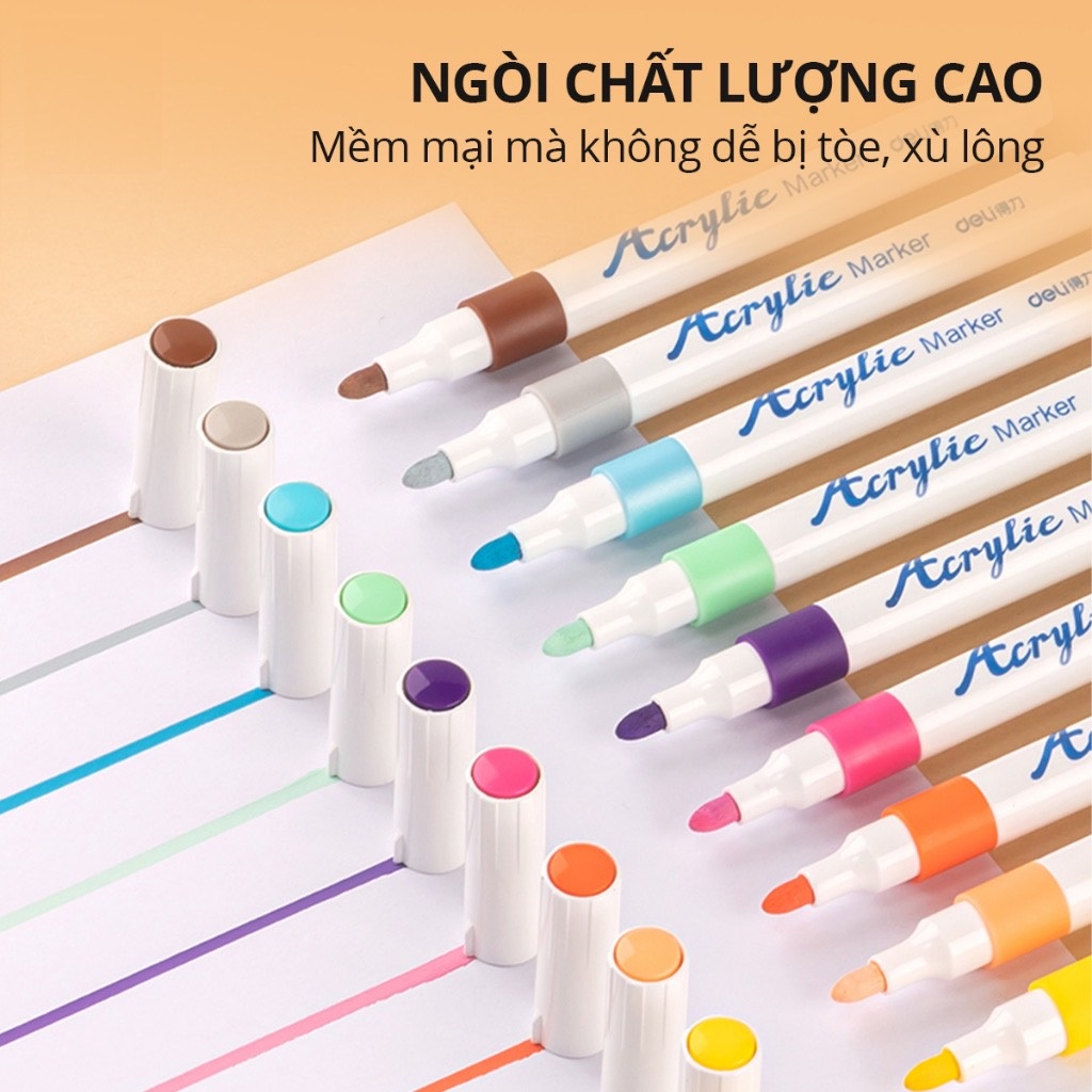 Bút sơn Acrylic Marker cao cấp 24 màu Deli HM911-24 - Chống nước vẽ trên mọi chất liệu, Tô màu DIY vẽ giày vải, chai lọ