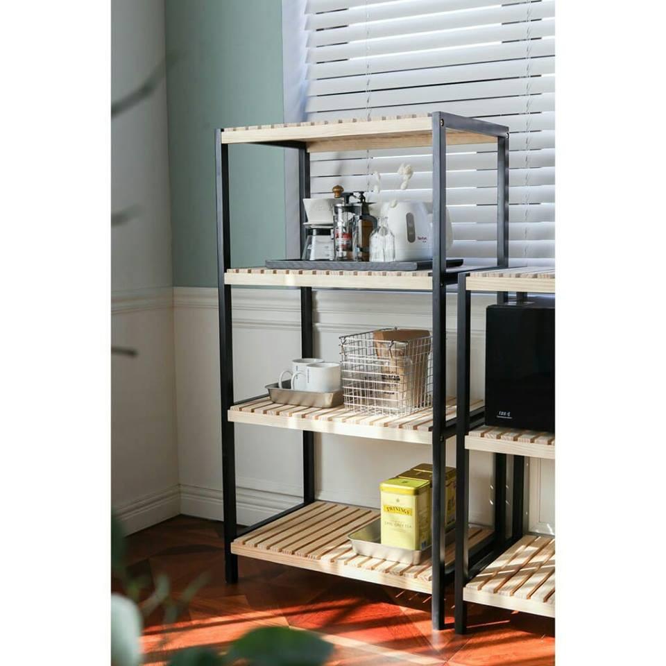 Kệ Gỗ 4 Tầng Để Lò Vi Sóng / Kệ Bếp Đa Năng - Phối Chân Sơn Đen