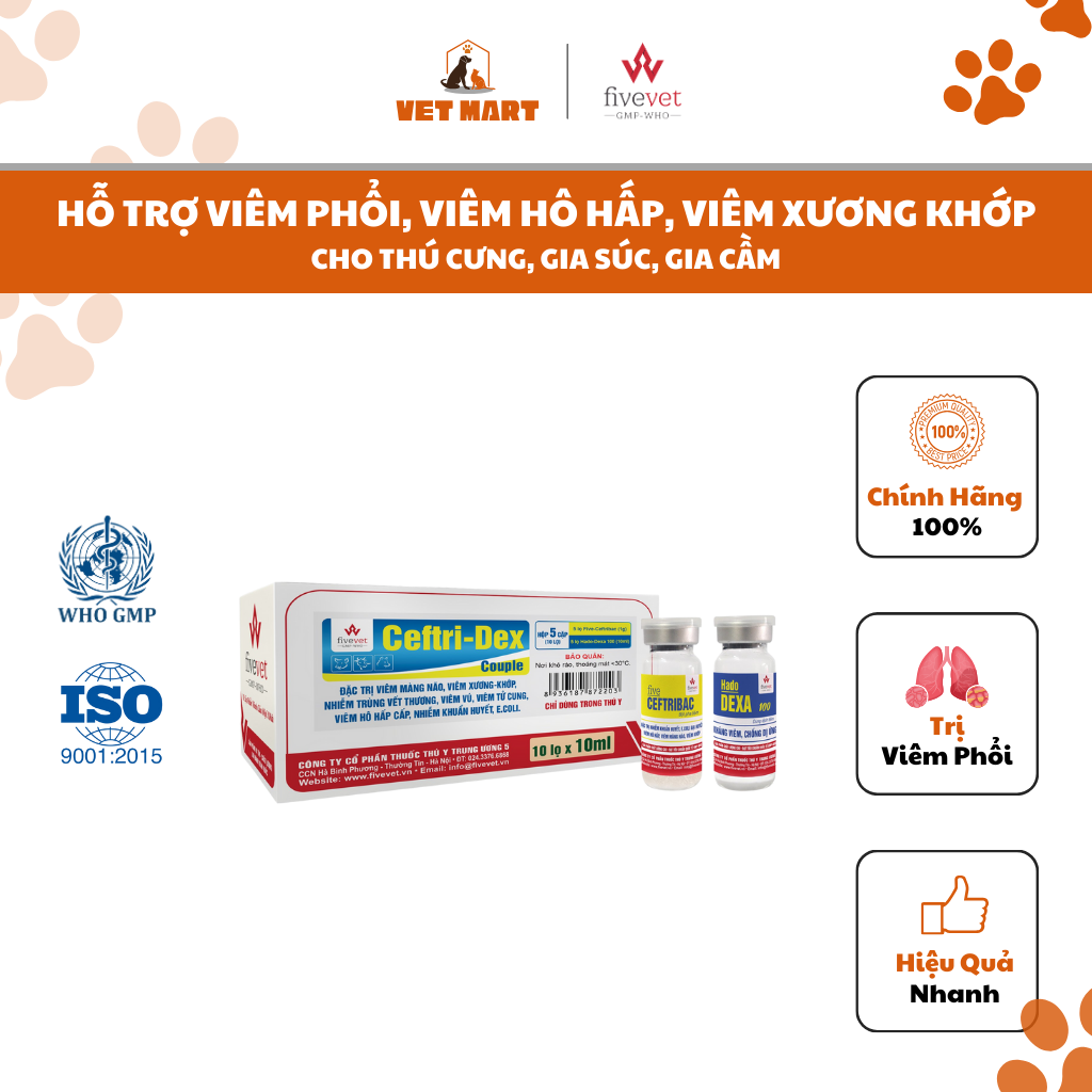 Five-Ceftri-Dex-hỗ trợ trị viêm hô hấp cấp, viêm xương-khớp, viêm tử cung cho thú cưng, chim cảnh, gia súc