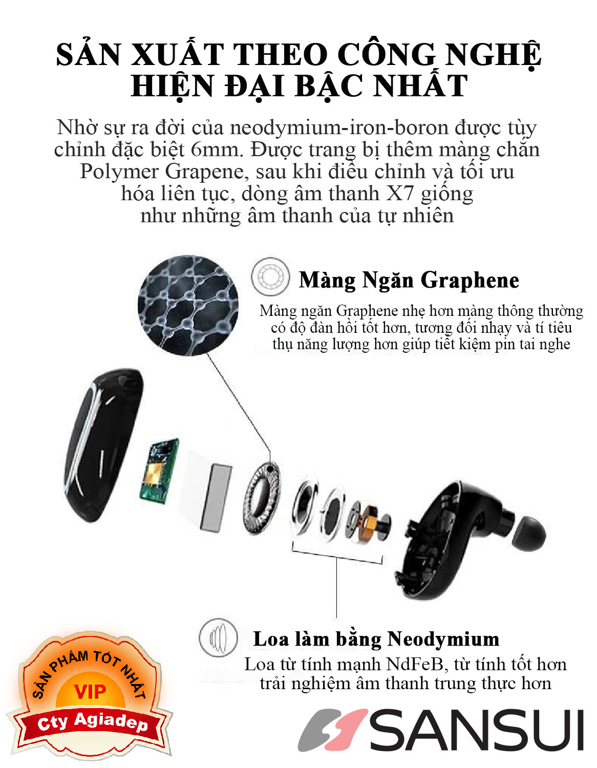 Tai nghe Bluetooth không dây 5.0 Cảm ứng Hàng hiệu Sansui Gồm Dock tự sạc