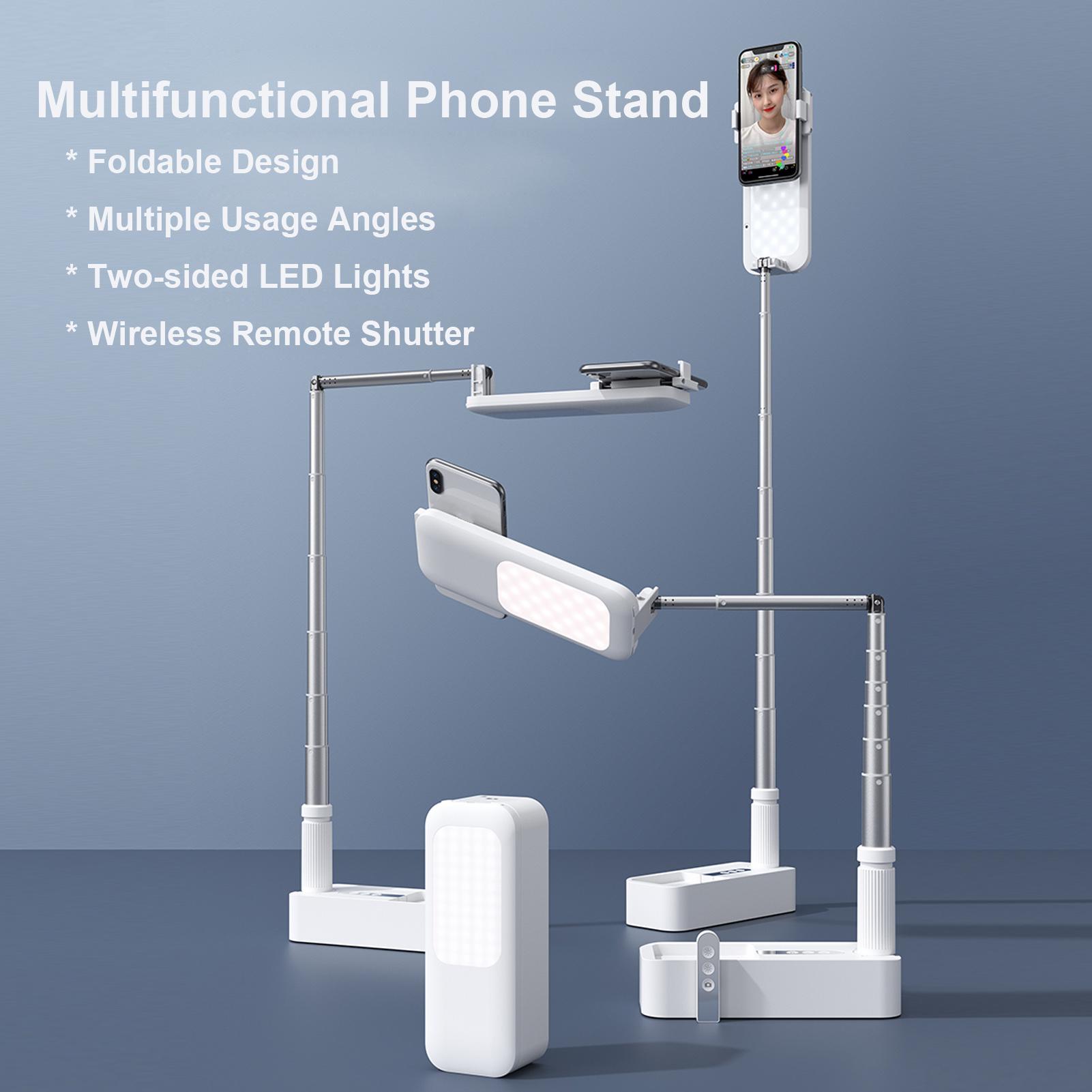Portable Foldable Desktop Smartphone Stand Phone Bracket 130cm Max. Height with 360° Rotatable Phone Holder LED Fill-in