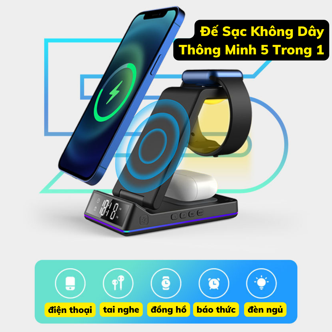 Đế Sạc Không Dây 15W 5 in 1 dành cho 1phone Android - Đế sạc nhanh không dây kiêm đồng hồ báo thức và đèn ngủ