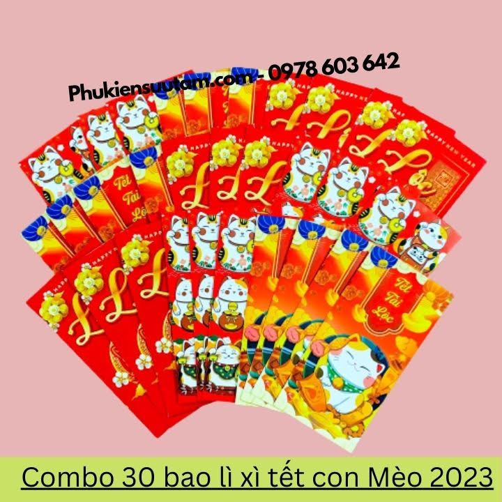 Combo 30 Bao Lì Xì Tết Con Mèo 2023, kích thước: 16cmx8cm, màu đỏ - SP005432