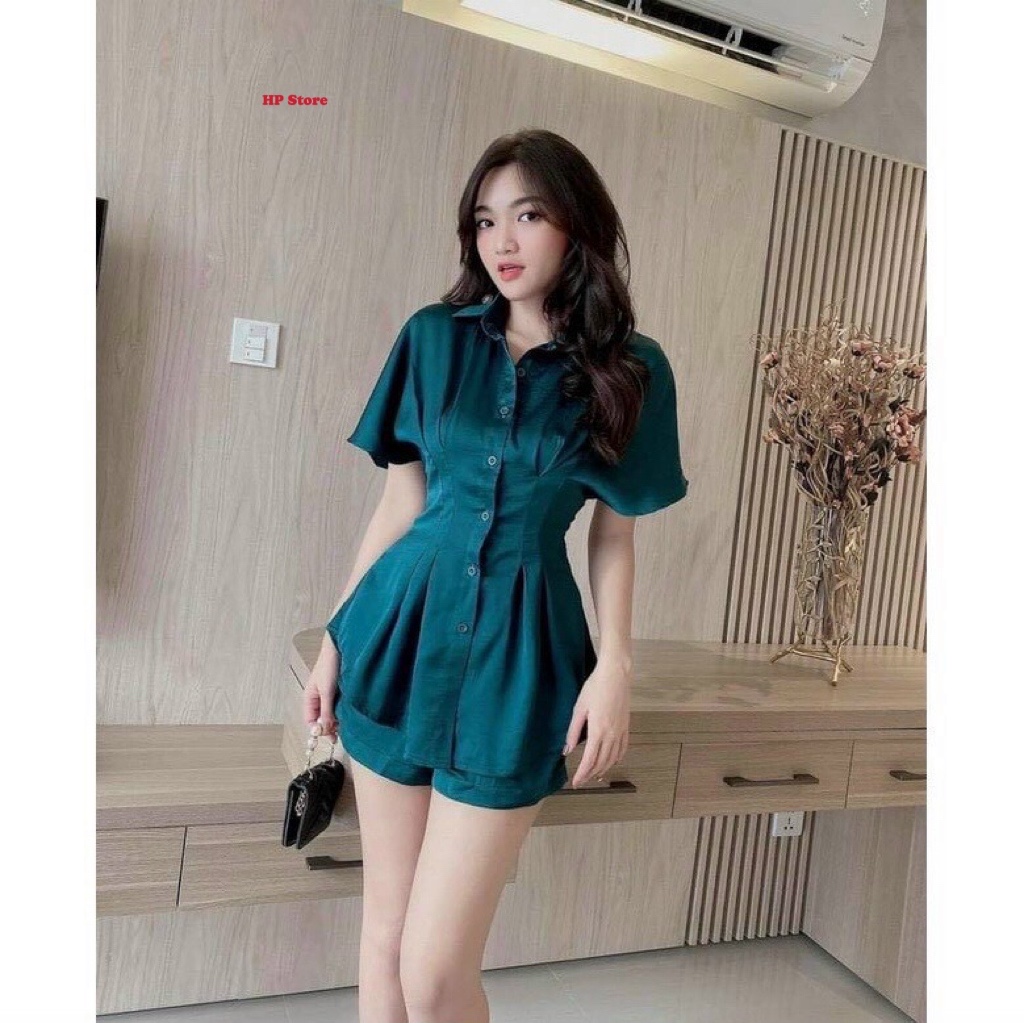 Bộ Áo Quần Sơ Mi Phi Lụa Bóng Thái Nhấn Eo Xếp Ly Sang Chảnh Tôn Dáng Bộ Nữ Thiết Kế Cao Cấp