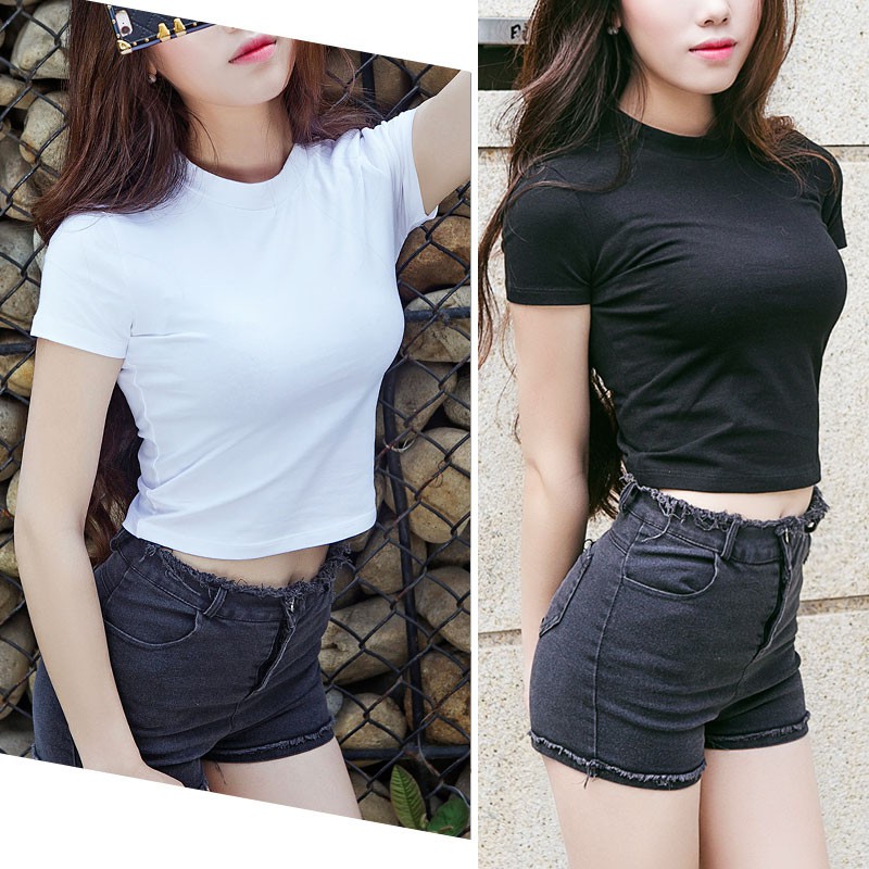 ÁO CROPTOP CỔ TRÒN ĐEN TRẮNG BASIC - ÁO THUN HOT