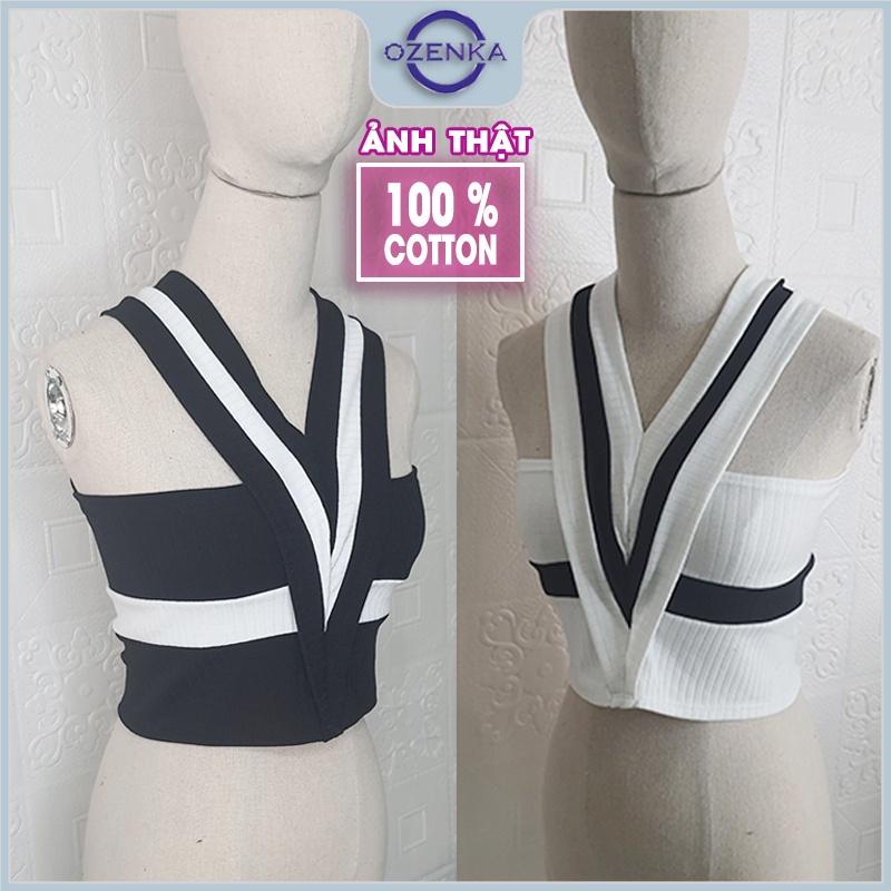 Áo croptop sát nách cổ chữ V kẻ sọc phong cách âu mỹ dệt kim OZENKA hai dây bản to vải gân 100% cotton mềm mịn