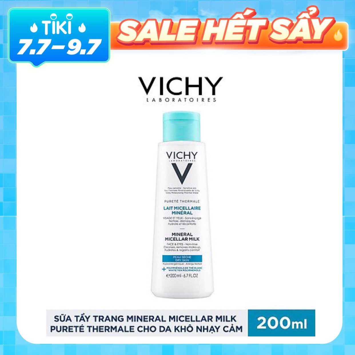 Sữa Tẩy Trang Vichy Mineral Micellar Milk Pureté Thermale Cho Da Khô Nhạy Cảm 200ml