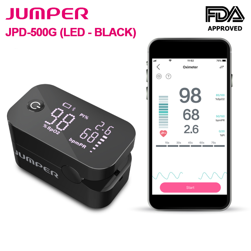 Máy đo nồng độ oxy máu SpO2, PR, PI Jumper JPD-500G (FDA Hoa Kỳ + xuất USA), Kết nối Bluetooth APP mobile, màn hình LED - Phiên bản màu Đen