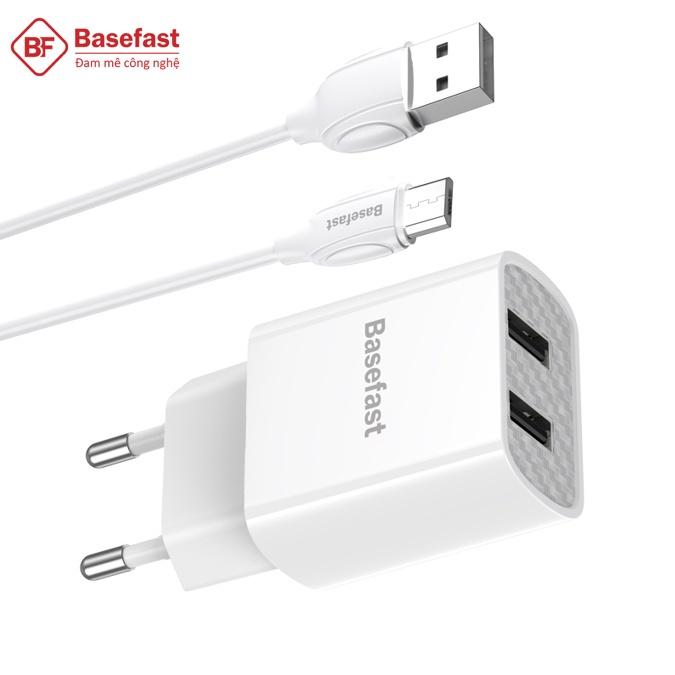 Bộ Sạc Nhanh 2 Cổng USB Chính Hãng BASEFAST B22m - Combo Củ kèm Cáp Sạc Micro USB 2.1A Cho Samsung, Xiaomi, Oppo... - Hàng Chính Hãng