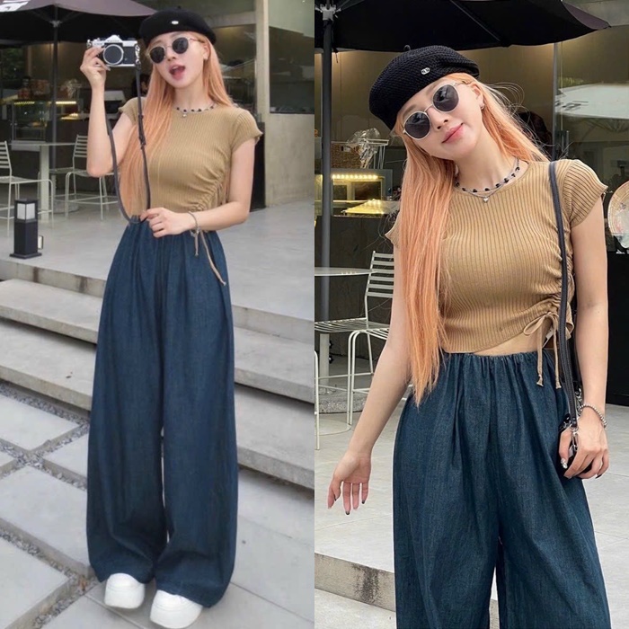 SET ÁO CROPTOP THUN DÂY RÚT TAY NGẮN + QUẦN DÀI ỐNG RỘNG LƯNG CAO SUÔNG TRƠN JEANS DẠO PHỐ ĐI CHƠI ĐI BIỂN ĐI TIỆC