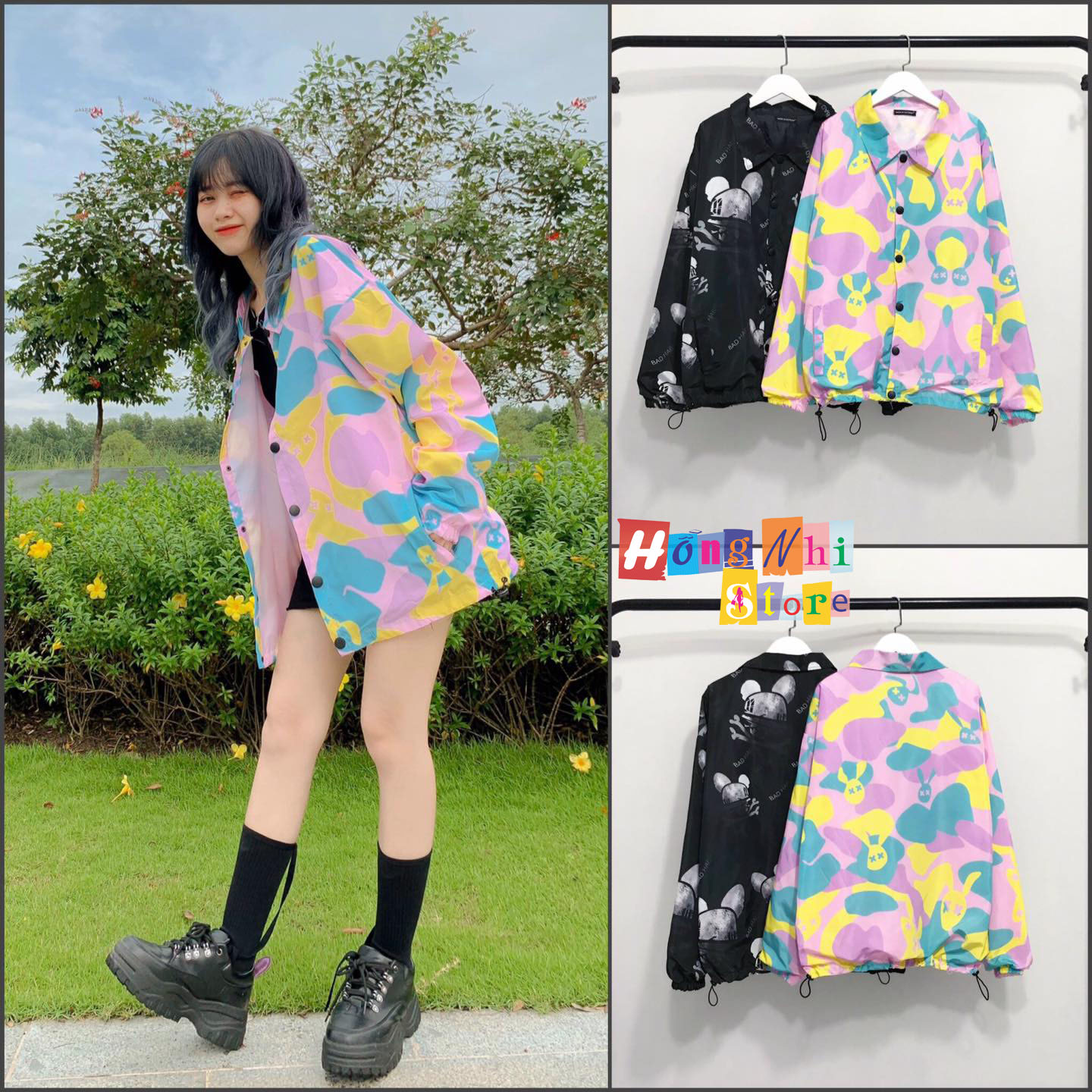 Áo Khoác Dù 3D Nút Bóp Dáng Rộng Unisex - Khoác Dù In Hình Mickey Nút Gài Dây Rút Dáng Dài - MM