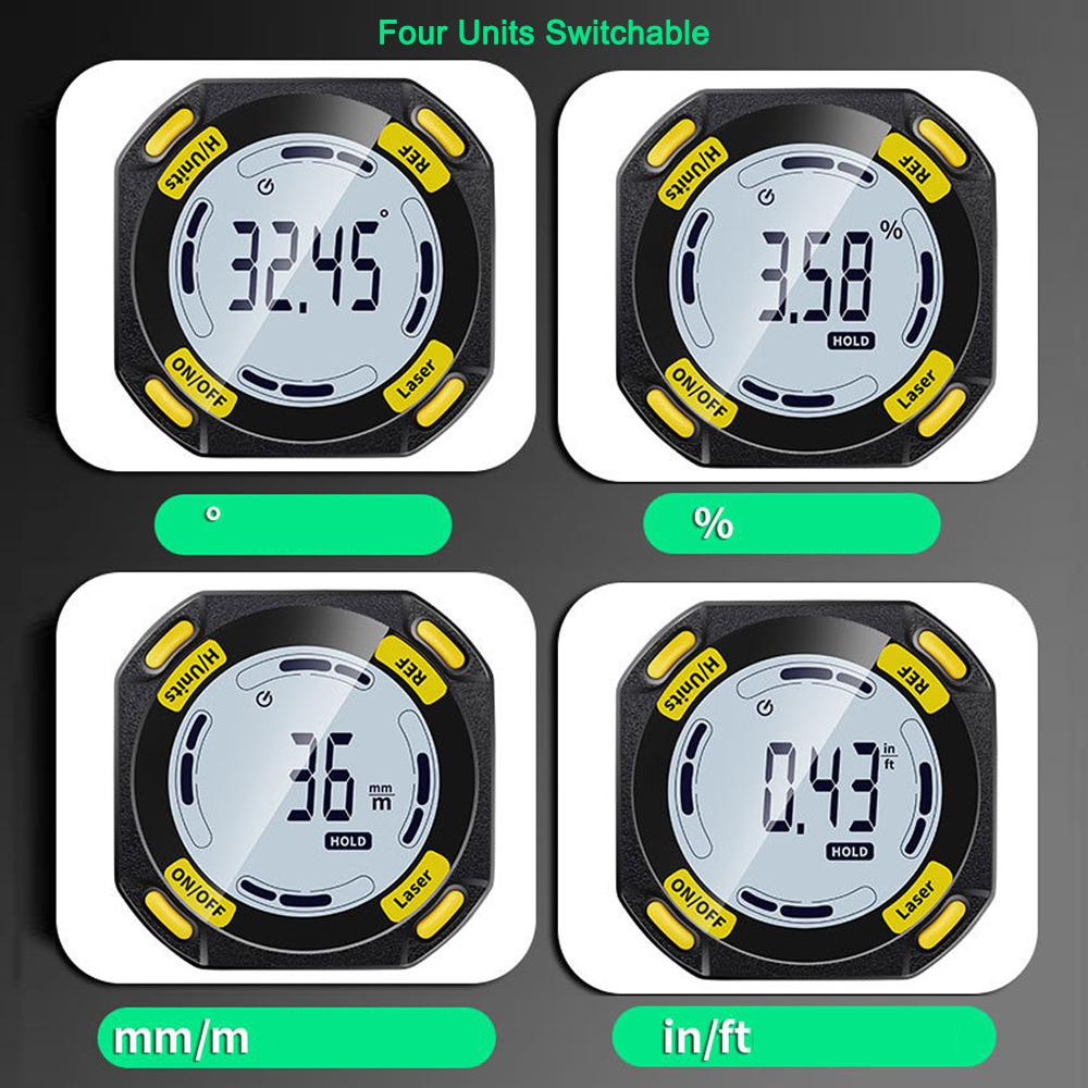 5-Sided Strong Magnetic Inclinator Digital Level and Angle Finder Versatile 4 * 90° Inclinometer LCD Display Dipmeter Gauge 4 Unit Switchable with Two Laser Lines