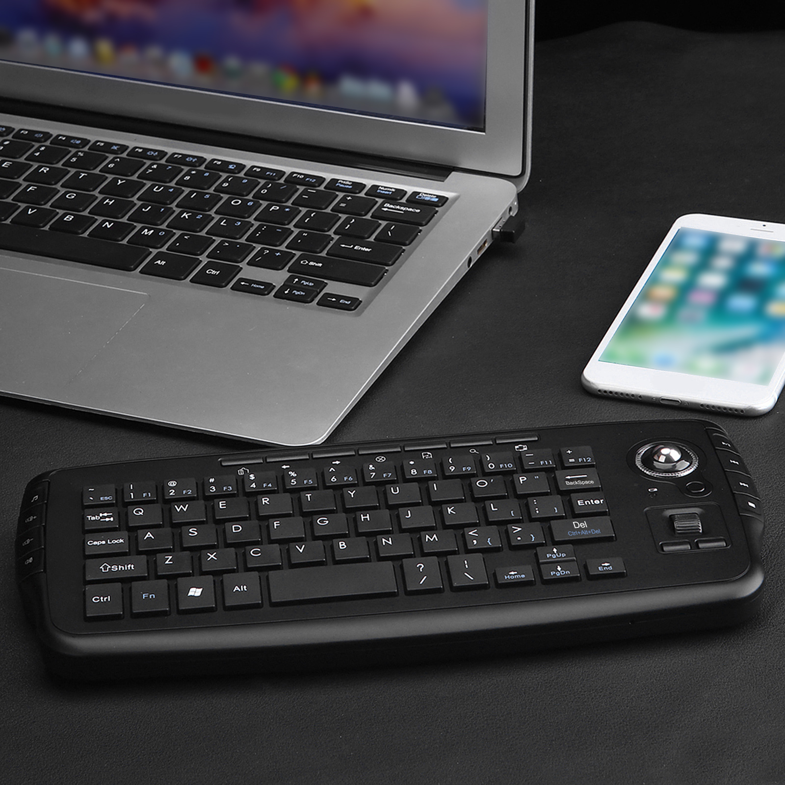 Bàn Phím Không Dây E30 2.4GHz Với Chuột Trackball Điều Khiển Từ Xa Bằng Bánh Xe Lăn Cho Android TV Box TV Thông Minh PC Máy Tính Xách Tay