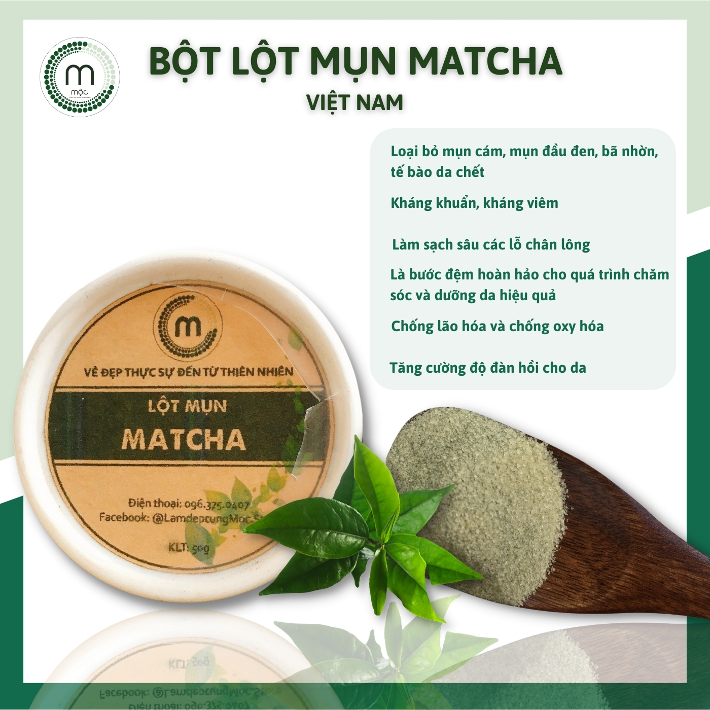 Bột Lột Mụn Matcha thiên nhiên đắp mặt nguyên chất 50g FreeShip