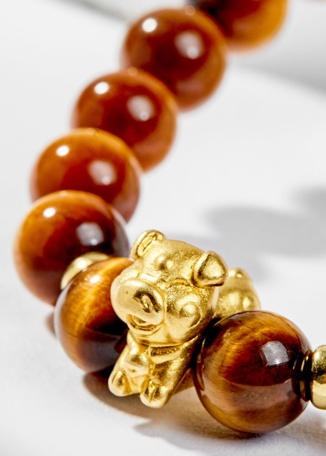 Vòng Tay Phong Thủy Đá Mắt Hổ Vàng Nâu Phối Charm Tuổi Hợi Bạc Mạ Vàng 24K Mệnh Thổ, Kim Ngọc Quý Gemstones